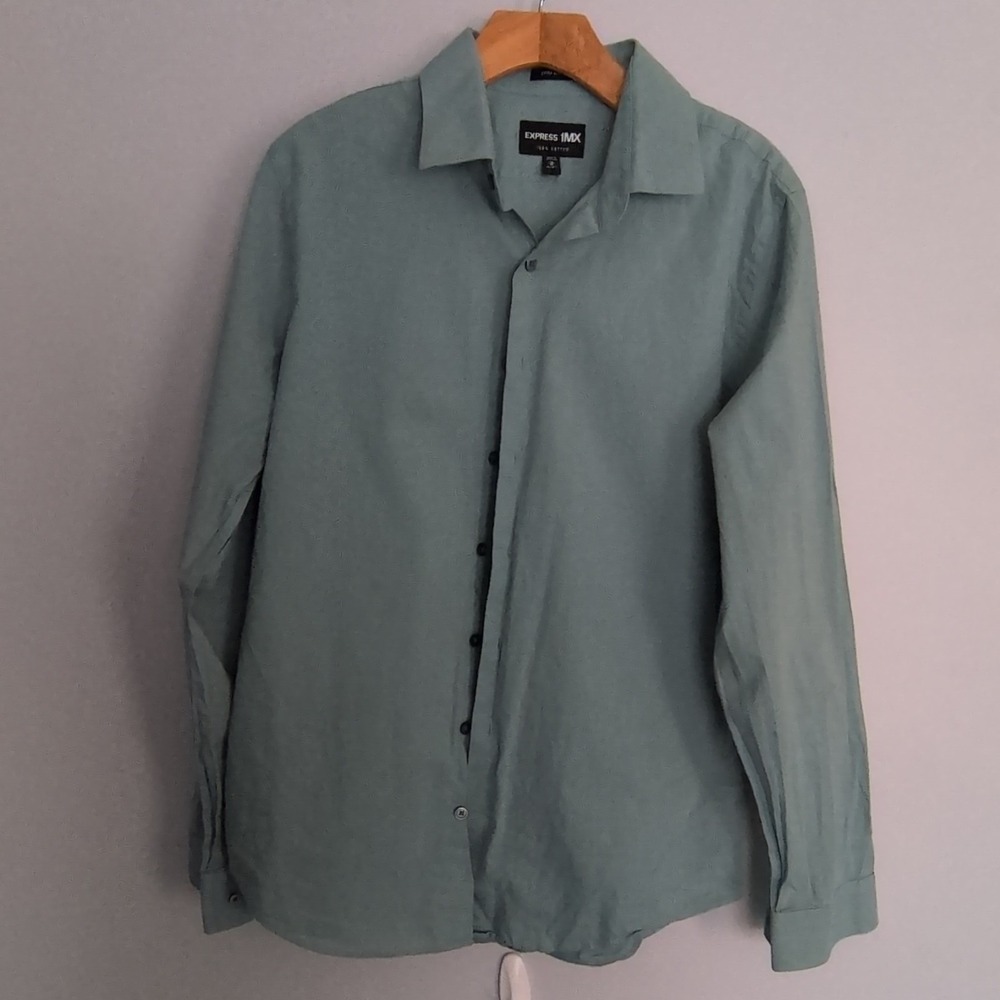 Express 1MX Extra Slim Fit 100% Cotton Green Men's Dress Shirt M 15-15.5
